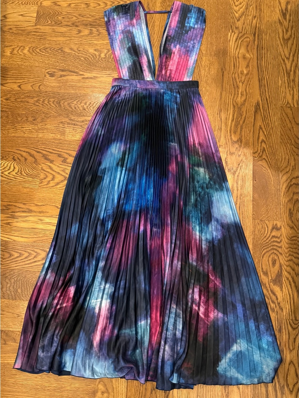 L’idee Deep V Pleated Evening Dress Blue Prple Printed Gala Gown Size UK 10 US 6 - Picture 6 of 11